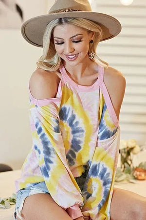 Sunset Tie-Dye Terry Beach Top with Cold Shoulders women outfit ideas