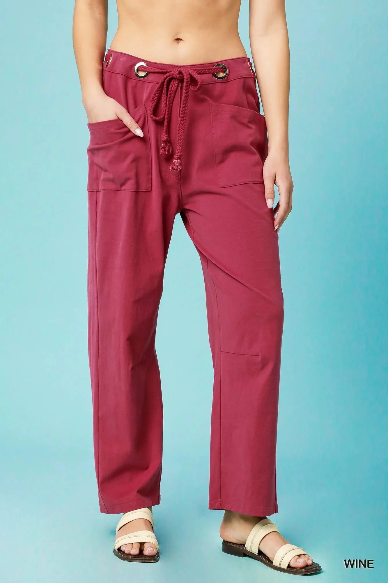 Sunset Wide Leg Cotton Beach Pants in Wine Red women outfit ideas