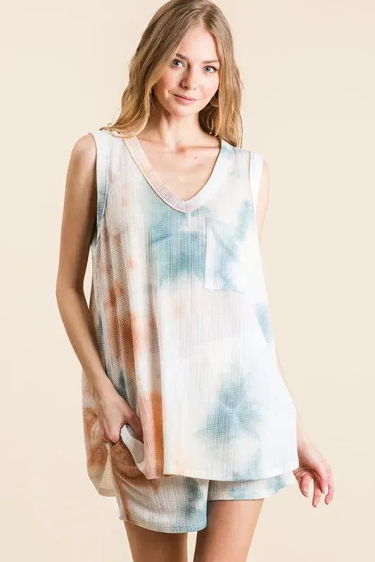 Tie-Dye Textured Knit Beach Set in Taupe & Dusty Blue women outfit ideas