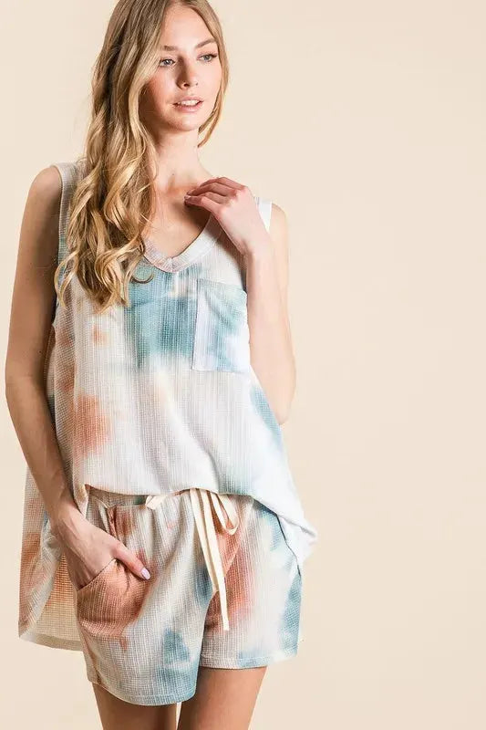 Tie-Dye Textured Knit Beach Set in Taupe & Dusty Blue women outfit ideas