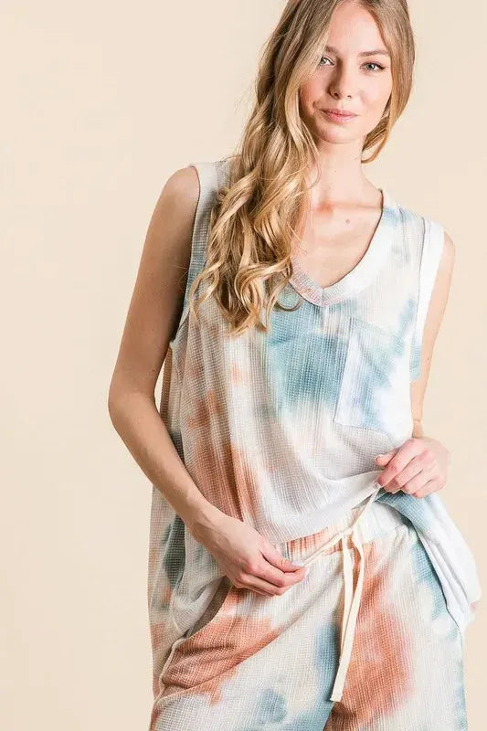 Tie-Dye Textured Knit Beach Set in Taupe & Dusty Blue women outfit ideas