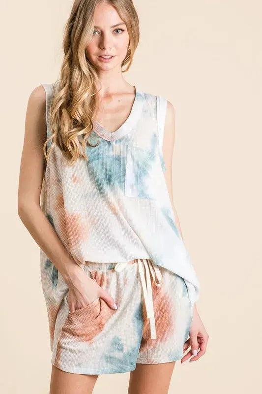 Tie-Dye Textured Knit Beach Set in Taupe & Dusty Blue women outfit ideas