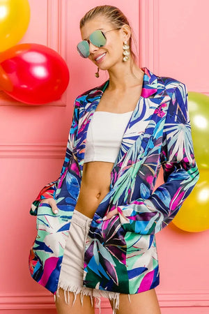 Tropical Print Beach Blazer in Bluish Tropical women outfit ideas