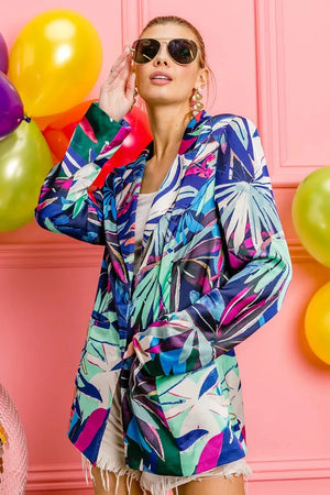 Tropical Print Beach Blazer in Bluish Tropical women outfit ideas