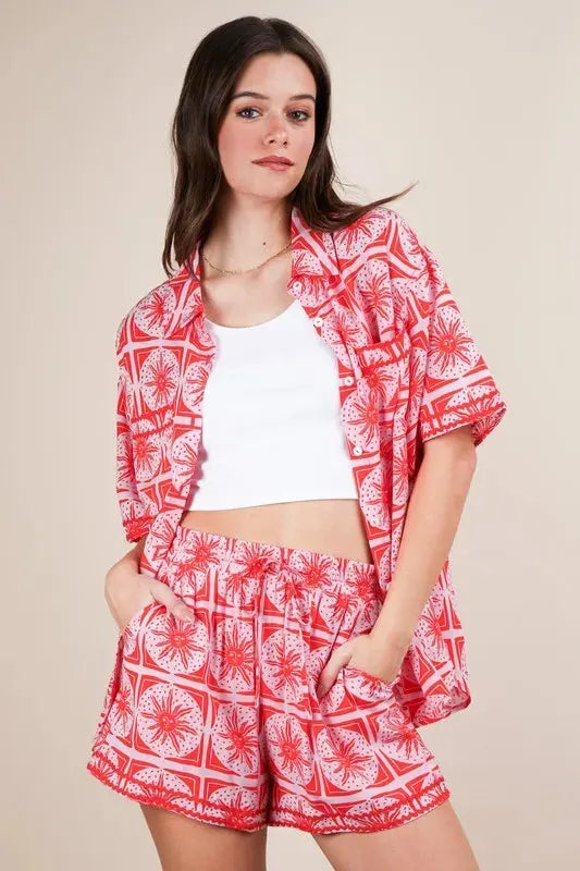 Tropical Print Beach Shirt & Shorts Set in Tomato Red women outfit ideas