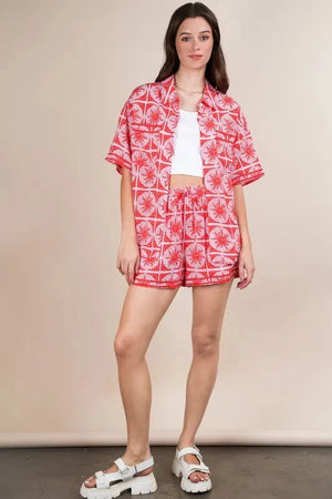 Tropical Print Beach Shirt & Shorts Set in Tomato Red women outfit ideas
