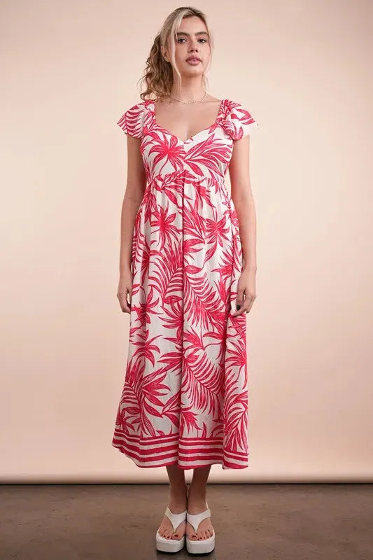 Tropical Print Ruffled Midi Beach Dress in Tomato Mix women outfit ideas