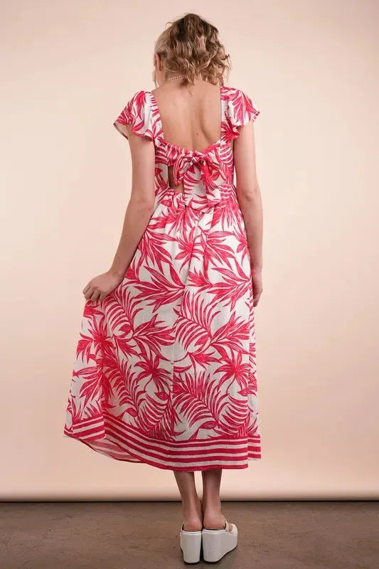 Tropical Print Ruffled Midi Beach Dress in Tomato Mix women outfit ideas