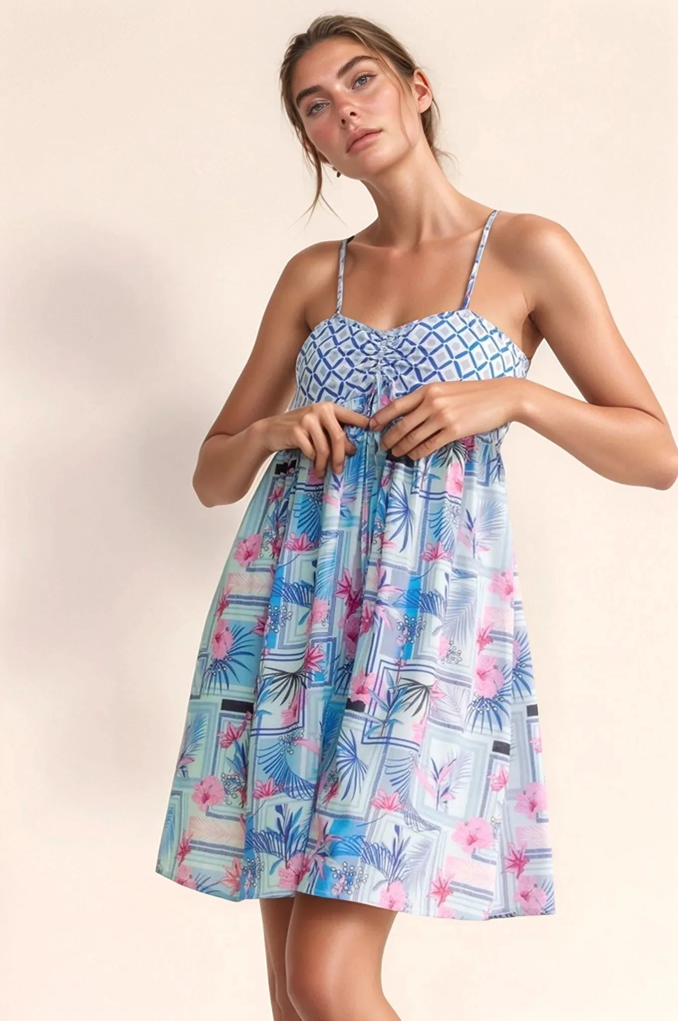 Tropical Print Tie-Back Beach Romper in Blue & Pink women outfit ideas