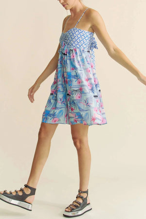 Tropical Print Tie-Back Beach Romper in Blue & Pink women outfit ideas