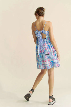 Tropical Print Tie-Back Beach Romper in Blue & Pink women outfit ideas