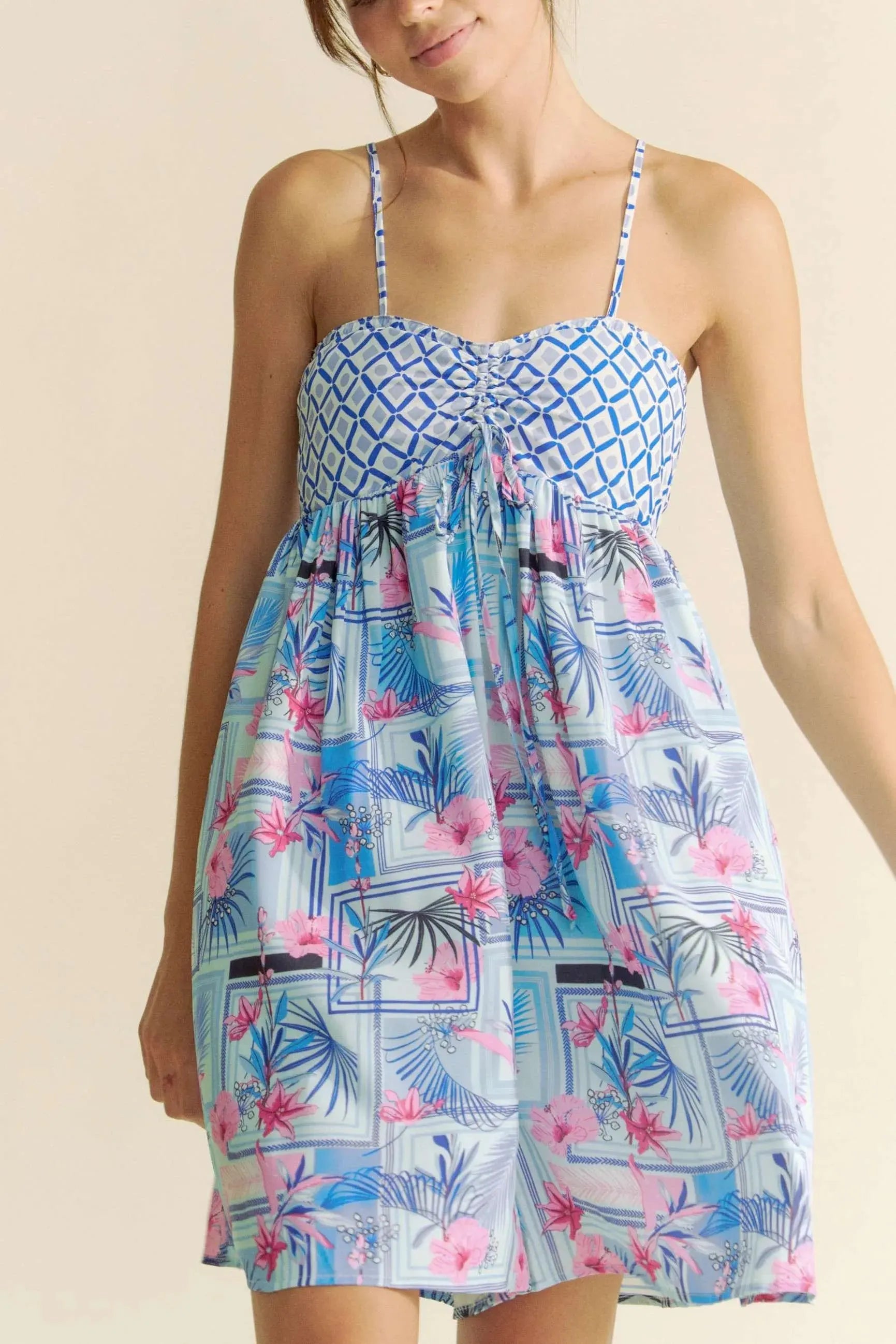 Tropical Print Tie-Back Beach Romper in Blue & Pink women outfit ideas