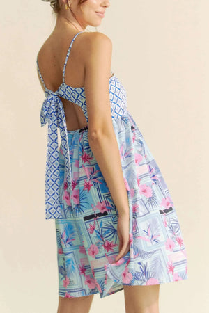 Tropical Print Tie-Back Beach Romper in Blue & Pink women outfit ideas