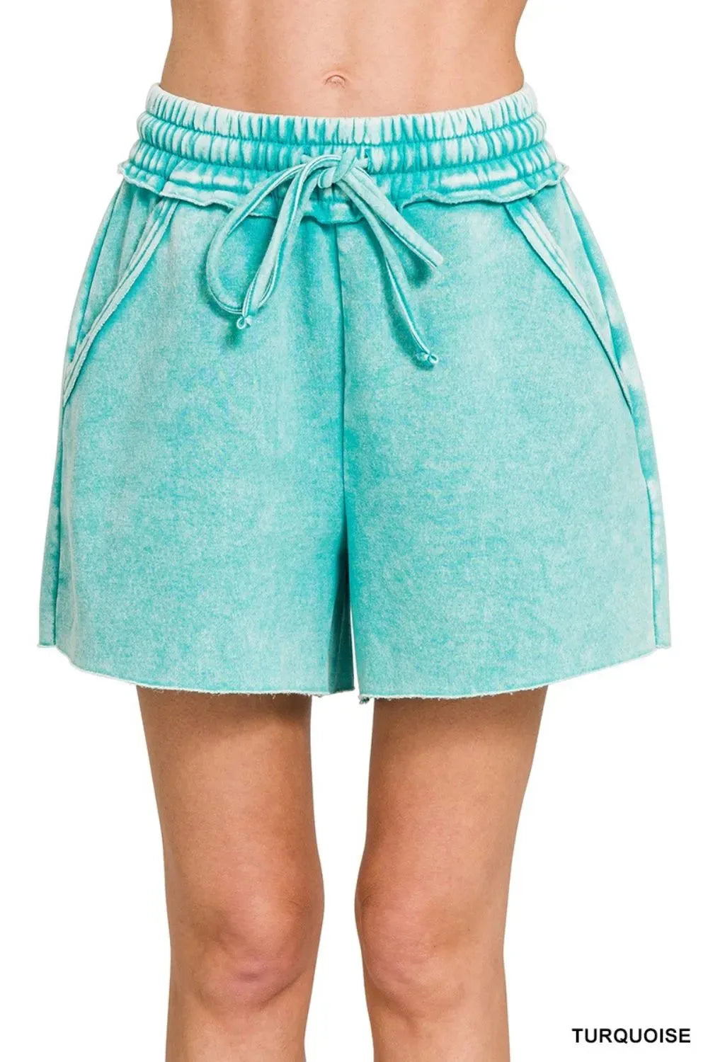 Turquoise Acid Wash Fleece Beach Shorts women outfit ideas