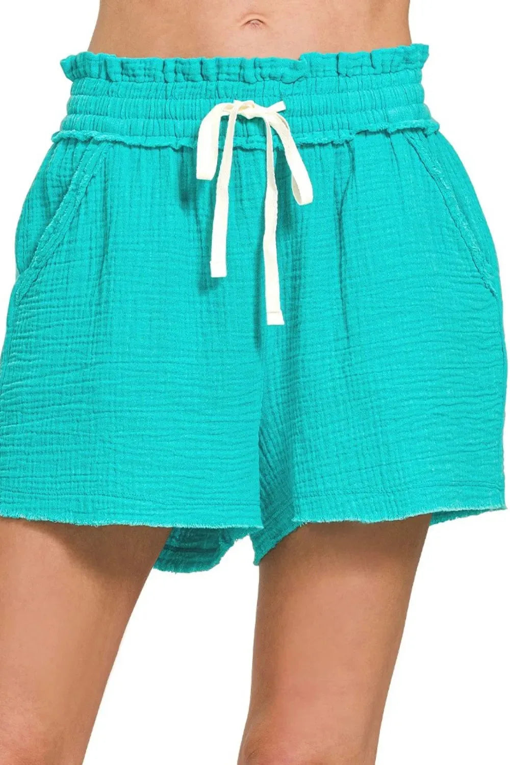Turquoise Double Gauze Drawstring Beach Shorts women outfit ideas