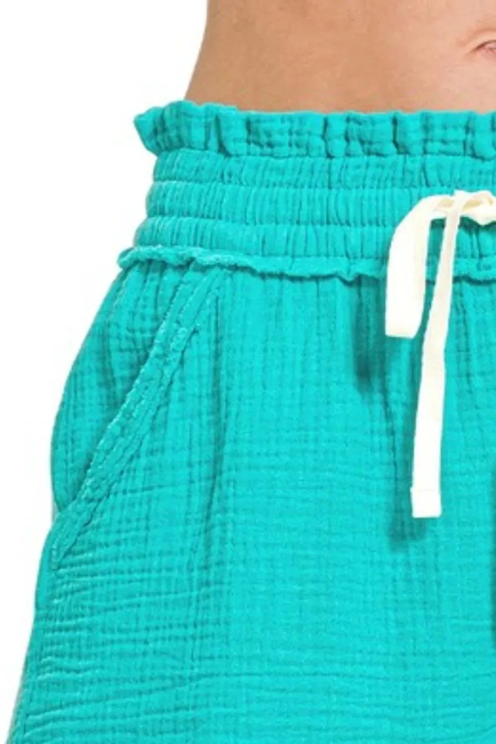 Turquoise Double Gauze Drawstring Beach Shorts women outfit ideas