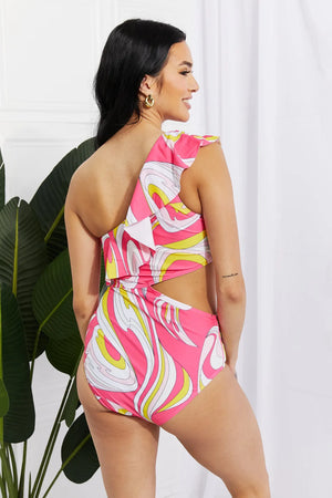 Vitamin C Asymmetric Ruffle Beach Swimsuit in Pink women outfit ideas