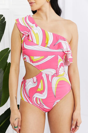 Vitamin C Asymmetric Ruffle Beach Swimsuit in Pink women outfit ideas
