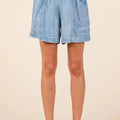 Washed Chambray Drawstring Beach Shorts in Light Denim women outfit ideas