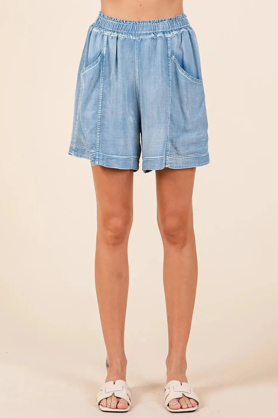 Washed Chambray Drawstring Beach Shorts in Light Denim women outfit ideas