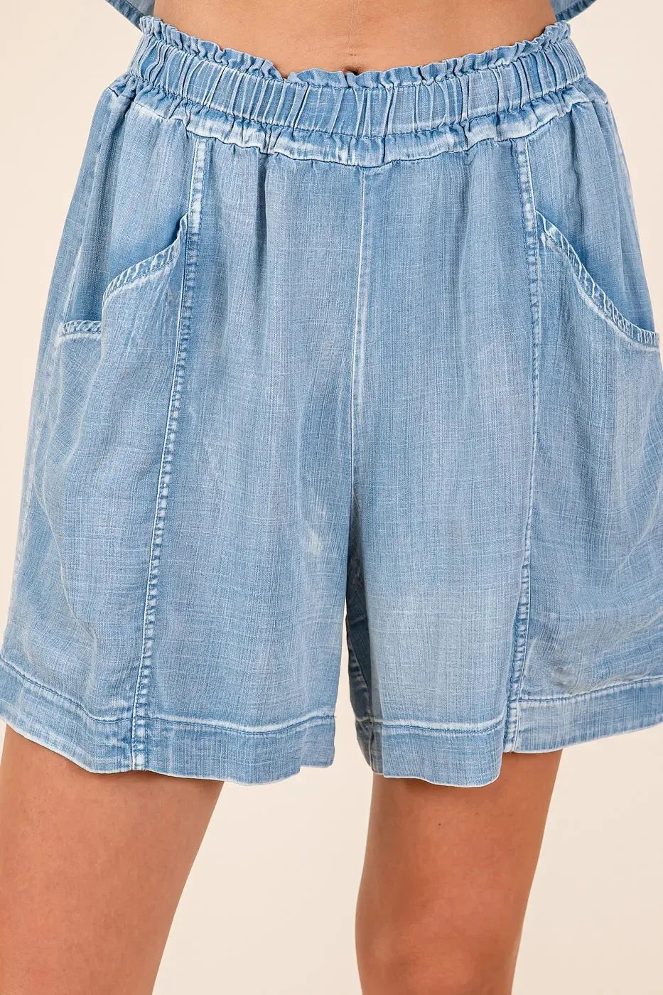 Washed Chambray Drawstring Beach Shorts in Light Denim women outfit ideas