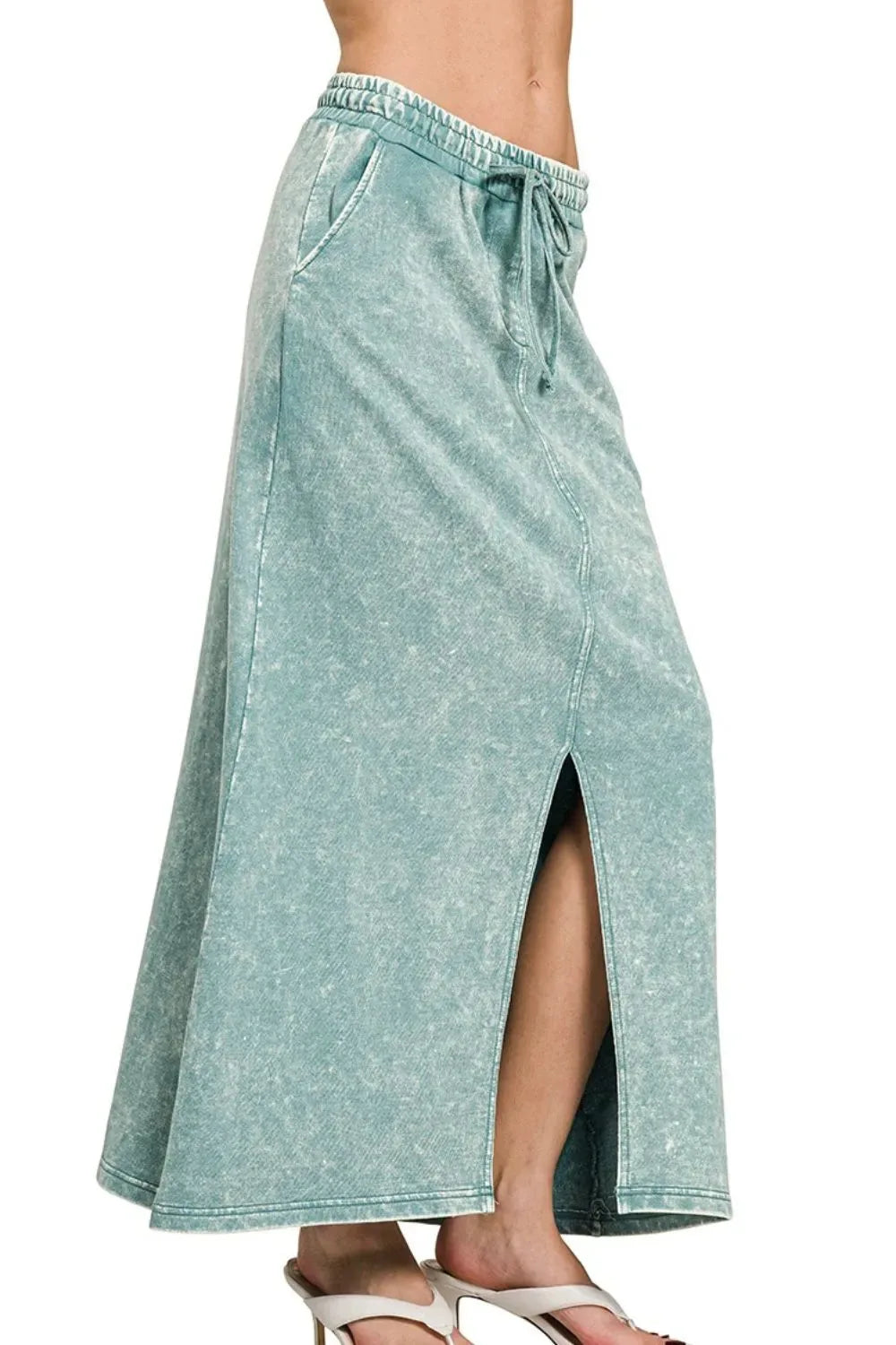 Washed Cotton Front Slit Beach Maxi Skirt in Ash Blue women outfit ideas