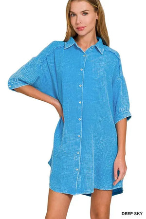Washed Gauze Button-Down Beach Dress in Deep Sky women outfit ideas