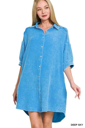 Washed Gauze Button-Down Beach Dress in Deep Sky women outfit ideas
