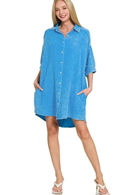 Washed Gauze Button-Down Beach Dress in Deep Sky women outfit ideas