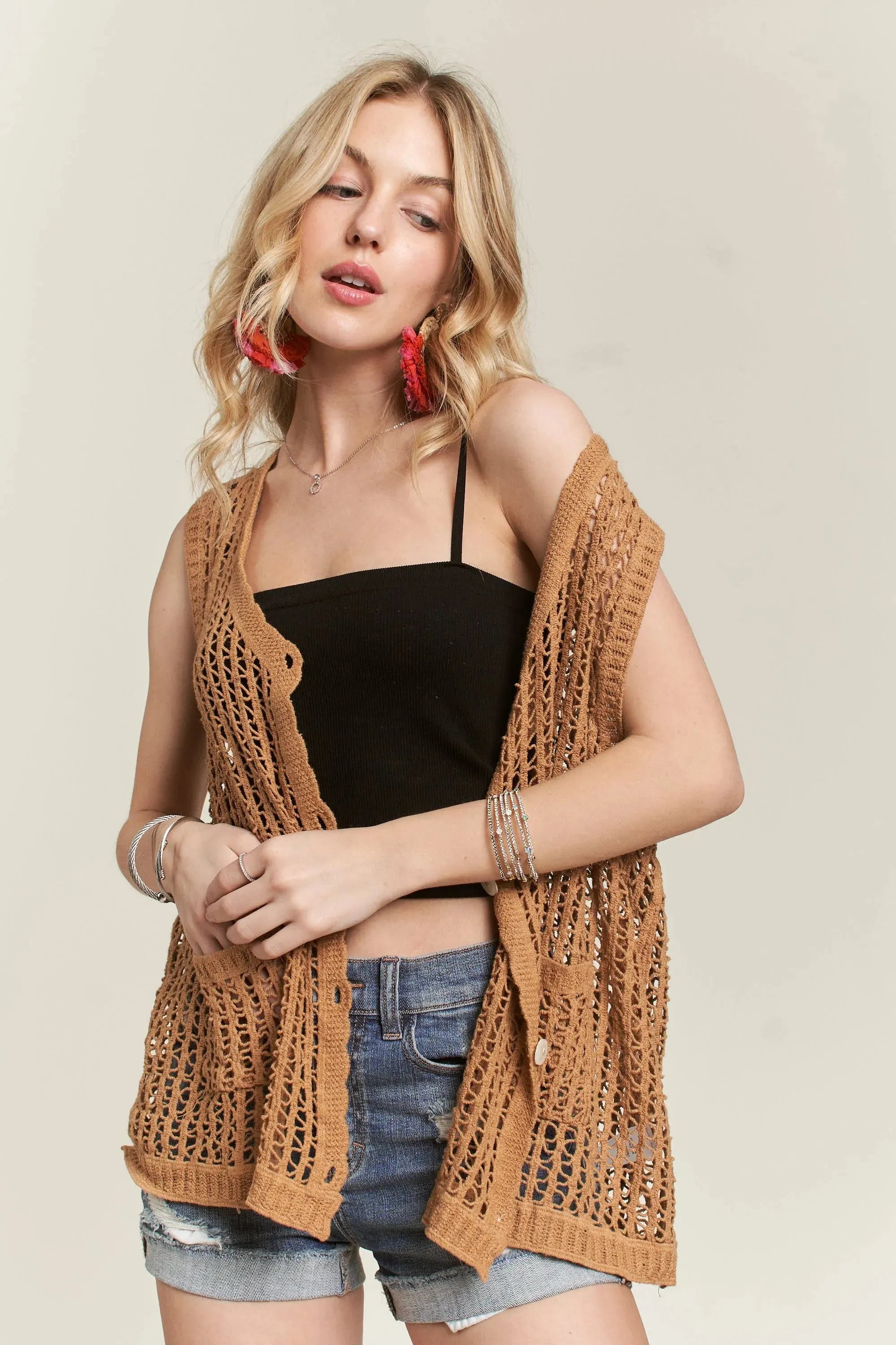 Artisan Crochet Beach Vest Top in Camel women outfit ideas