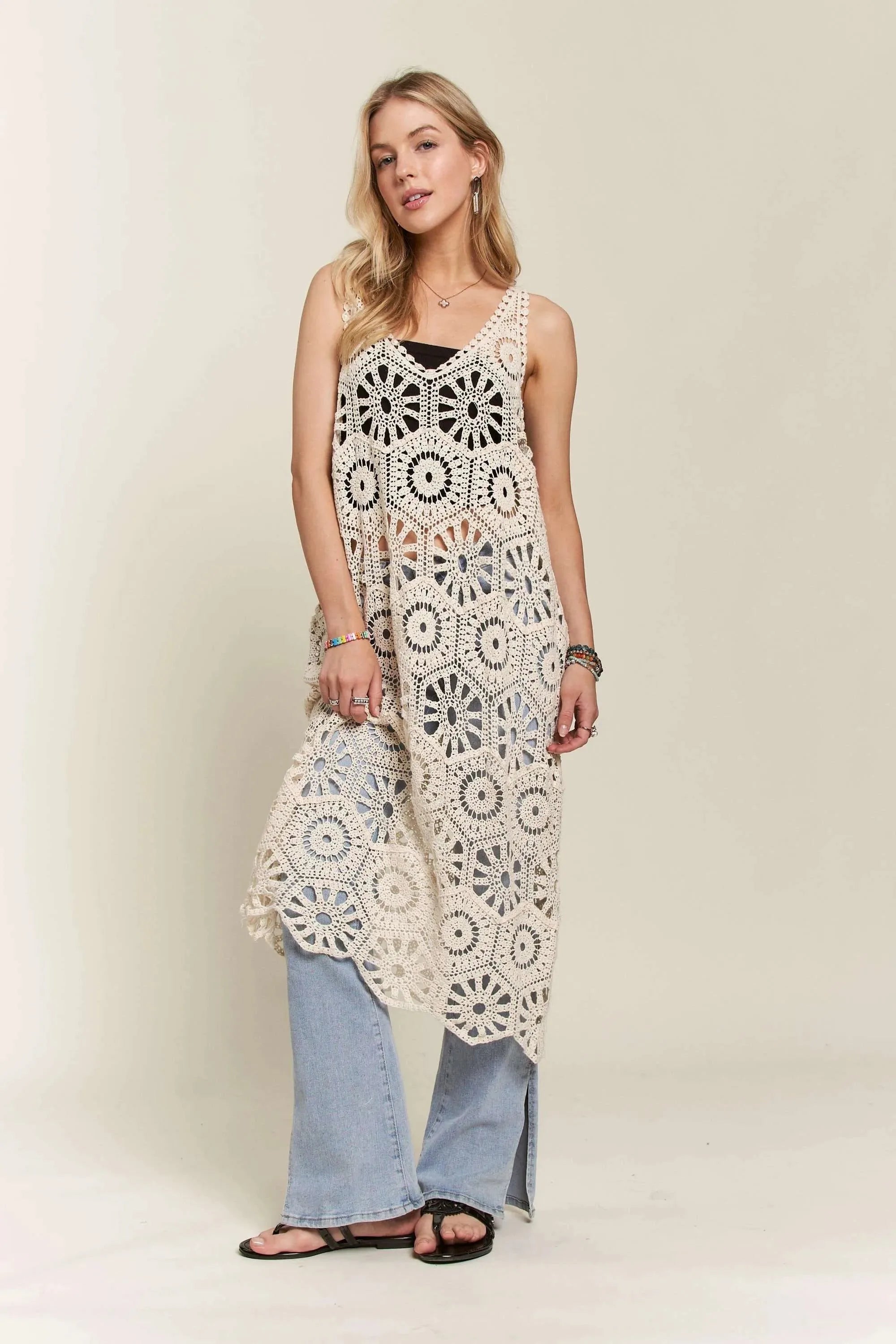 Bohemian Crochet Beach Tunic Cover-Up in Beige women outfit ideas