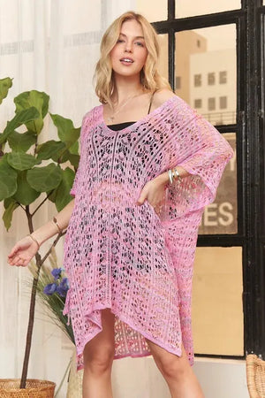 Bohemian Crochet Beach Tunic Cover Up in Pink women outfit ideas