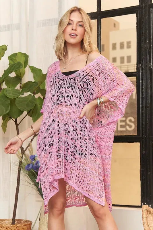 Bohemian Crochet Beach Tunic Cover Up in Pink women outfit ideas