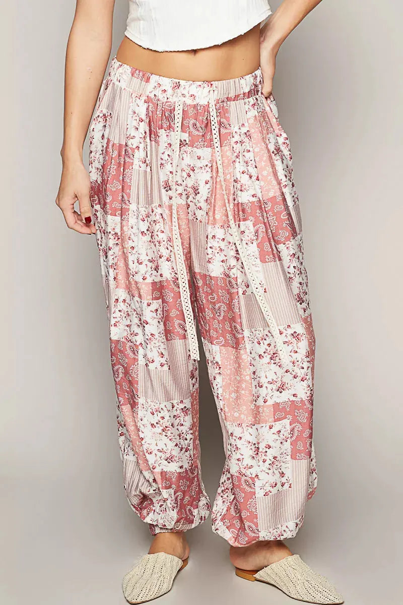 Bohemian Floral Wide-Leg Drawstring Beach Pants women outfit ideas