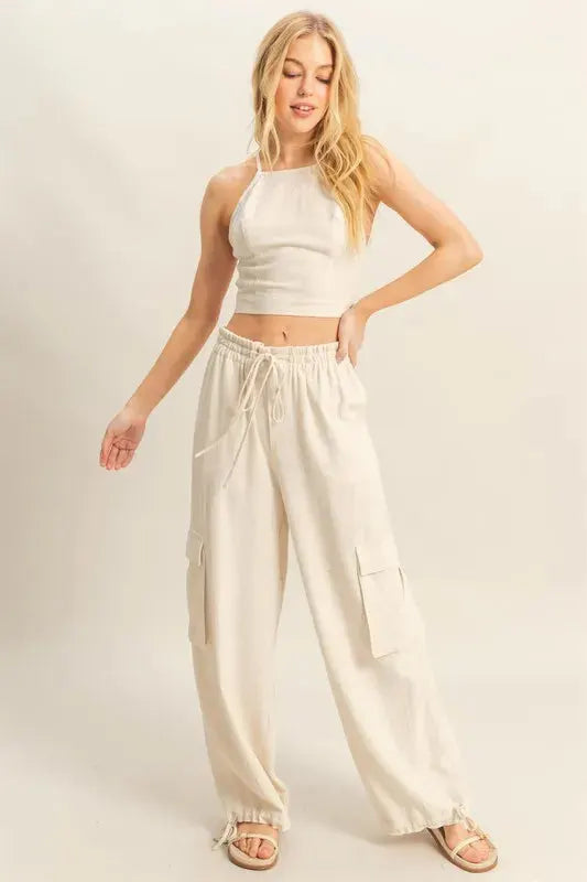 Breezy Cargo Crop Top & Beach Pants Set in Oatmeal women outfit ideas