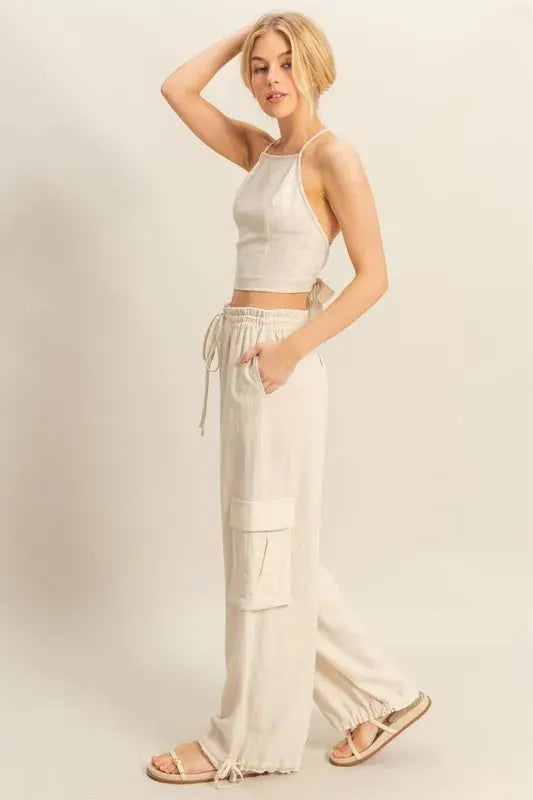 Breezy Cargo Crop Top & Beach Pants Set in Oatmeal women outfit ideas
