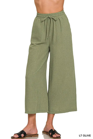 Breezy Crepe Cropped Beach Pants in Light Olive women outfit ideas