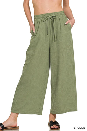 Breezy Crepe Cropped Beach Pants in Light Olive women outfit ideas