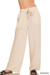 Breezy Crepe Drawstring Beach Pants in Sand Beige