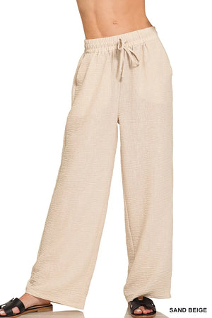 Breezy Crepe Drawstring Beach Pants in Sand Beige