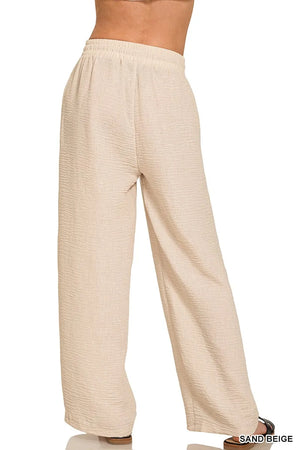 Breezy Crepe Drawstring Beach Pants in Sand Beige