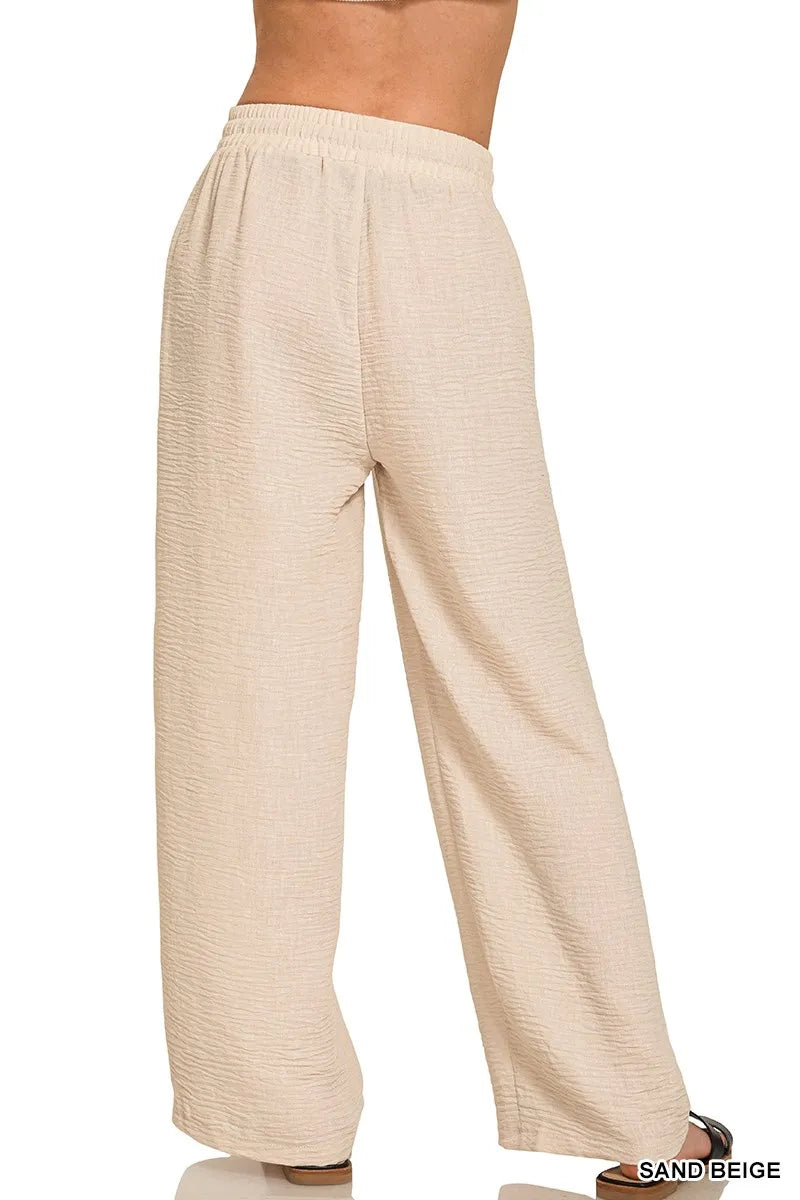 Breezy Crepe Drawstring Beach Pants in Sand Beige