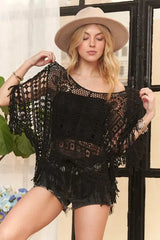 Breezy Crochet Fringe Beach Top in Black women outfit ideas