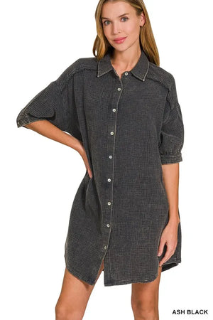 Breezy Double Gauze Beach Shirt Dress in Ash Black