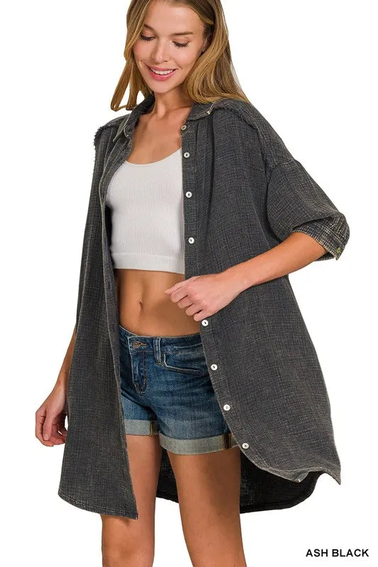 Breezy Double Gauze Beach Shirt Dress in Ash Black