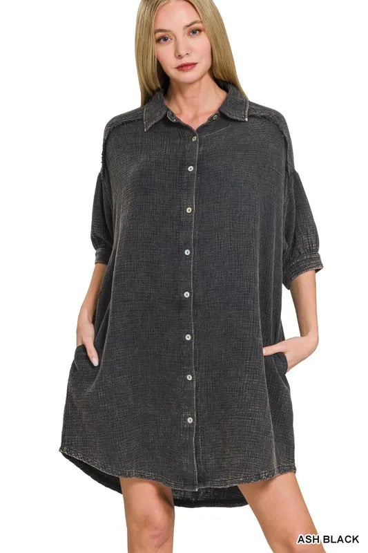 Breezy Double Gauze Beach Shirt Dress in Ash Black