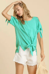 Breezy Emerald Beach Top with Cold Shoulder Cutouts women outfit ideas