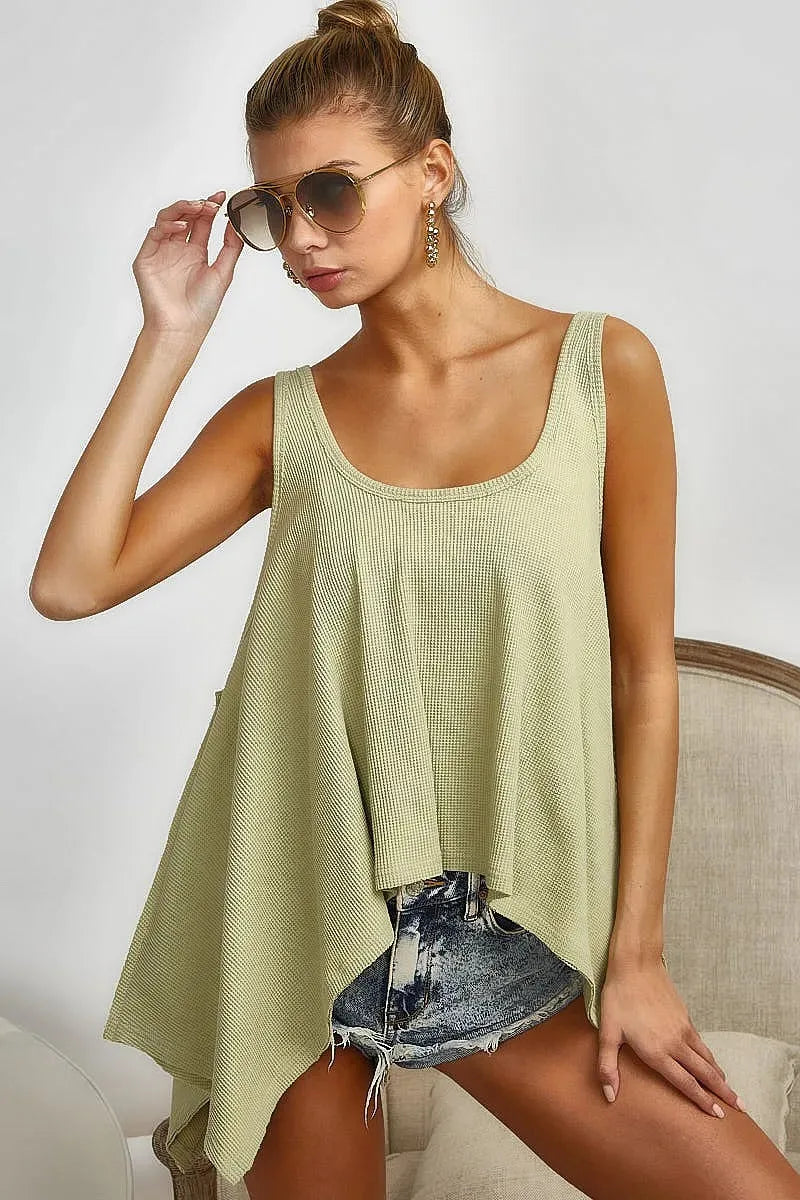 Breezy High-Low Knit Beach Tank in Sage women outfit ideas