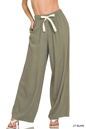 Breezy Linen Drawstring Beach Pants in Light Olive