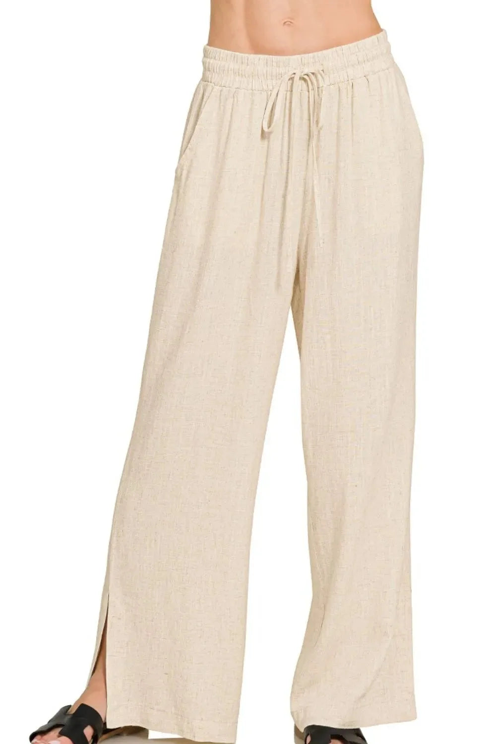 Breezy Linen Drawstring Beach Pants in Oatmeal women outfit ideas